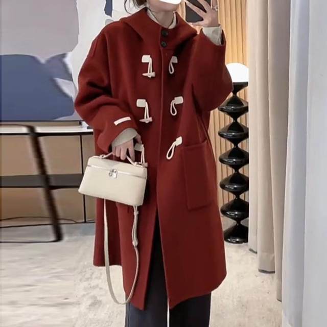 Horn button double-sided cashmere coat for women mid-length 2025 autumn and winter new hooded college style woolen coat