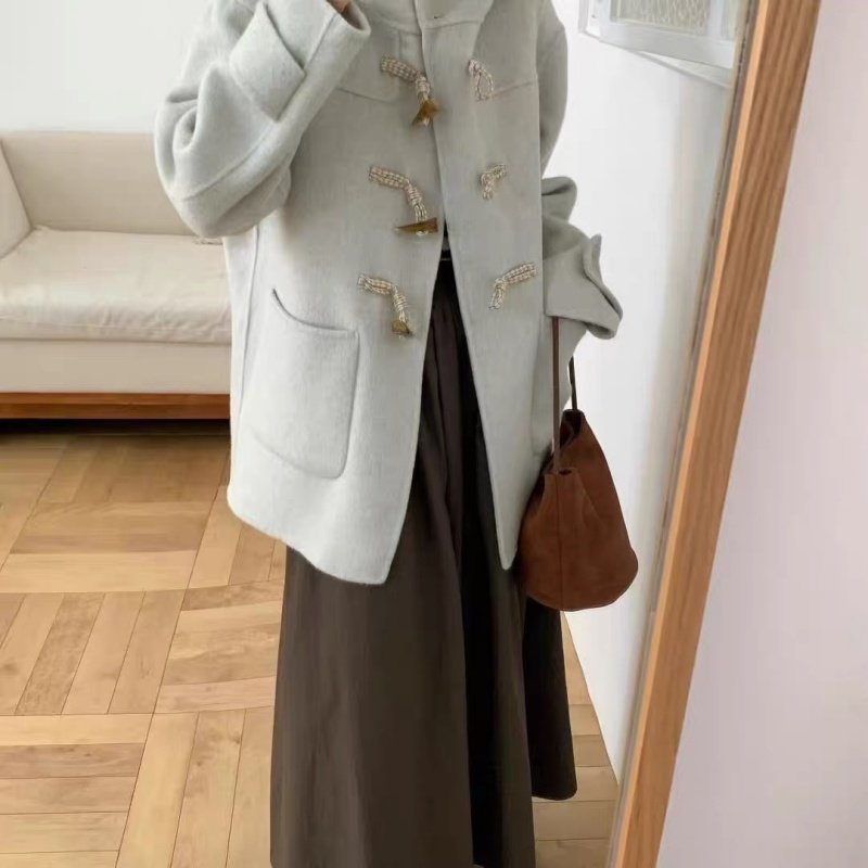 短款韩系连帽牛角扣双面羊绒大衣女2025秋冬新款宽松百搭毛呢外套,淘宝优惠券,粉丝福利购,淘宝优惠卷