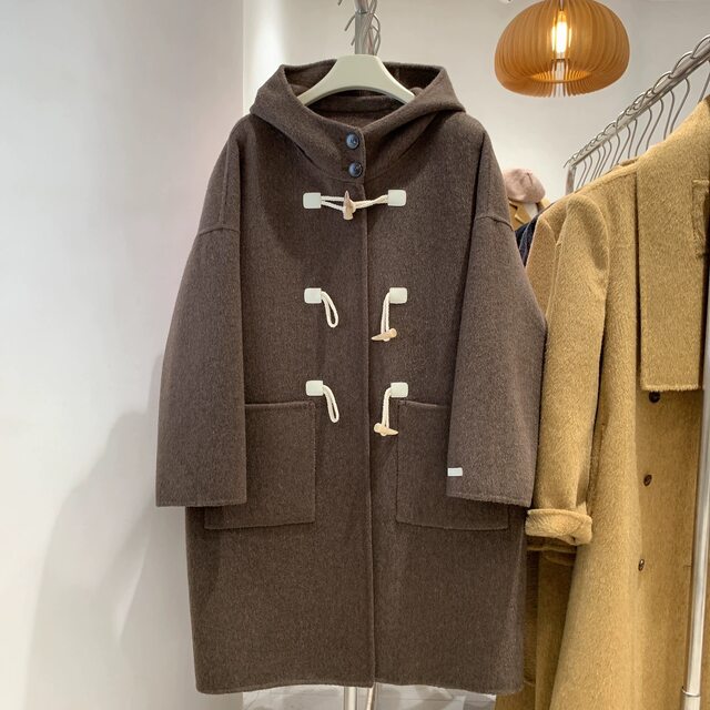 Horn button double-sided cashmere coat for women mid-length 2025 autumn and winter new hooded college style woolen coat