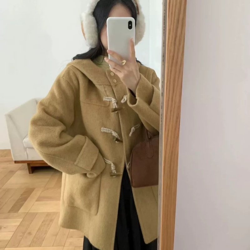 短款韩系连帽牛角扣双面羊绒大衣女2025秋冬新款宽松百搭毛呢外套,淘宝优惠券,粉丝福利购,淘宝优惠卷