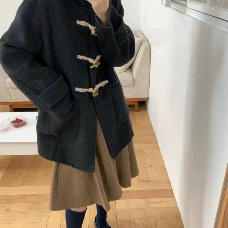 短款韩系连帽牛角扣双面羊绒大衣女2025秋冬新款宽松百搭毛呢外套,淘宝优惠券,粉丝福利购,淘宝优惠卷