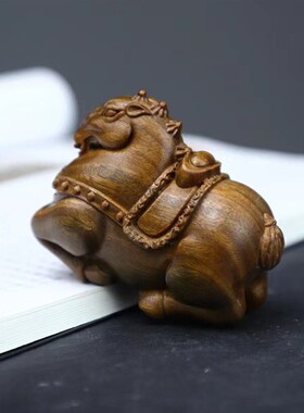 绿檀木雕元宝唐马手把玩件实木创意马上有钱装饰摆件随身盘玩把件