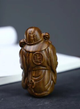 绿檀木雕招财元宝小财神爷手把玩件实木雕刻工艺家居桌面装饰摆件