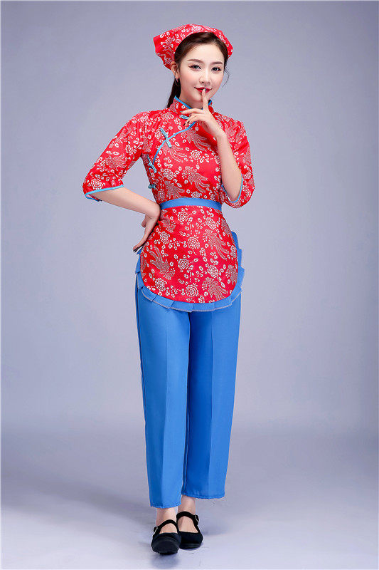 阿庆嫂演出服五四青年装新款中老年秧歌服舞蹈碎花采茶女村姑服装