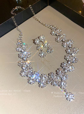 欧美镶钻花朵多层吊坠项链轻奢高级感锁骨链宫廷风复古时尚项饰女