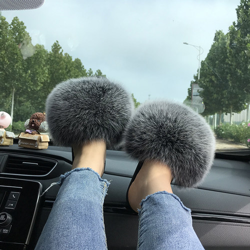 网红时尚百搭真毛狐狸毛拖鞋一字拖平底皮草毛毛凉拖女鞋夏松糕鞋 - 图2