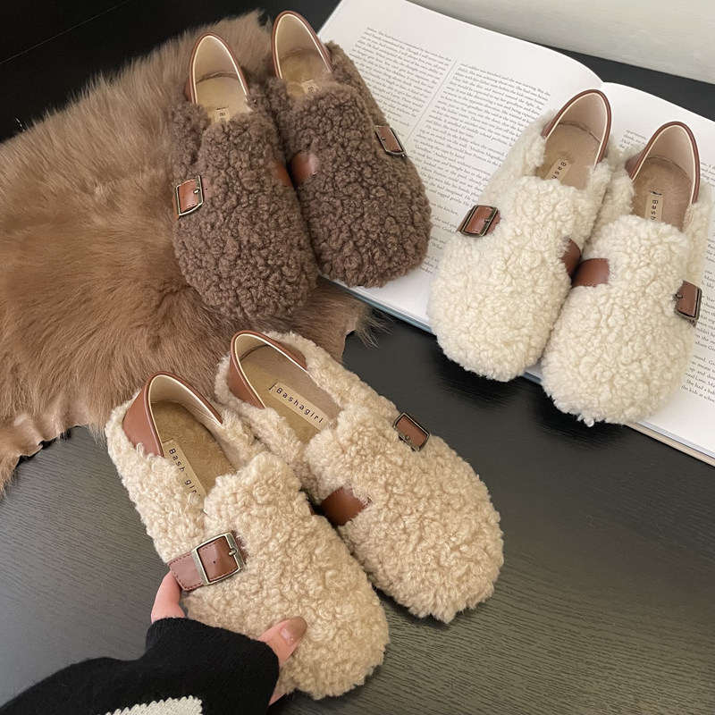 韩版卷毛毛毛鞋女外穿2024年秋冬新款仙女踩脚豆豆鞋平底加绒棉鞋,淘宝优惠券,粉丝福利购,淘宝优惠卷
