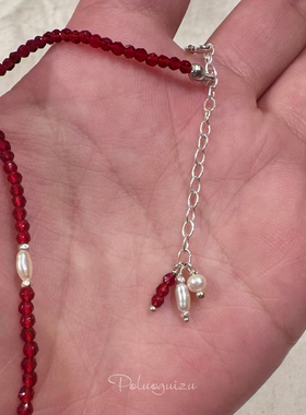 确幸红天然红尖晶石强光珍珠s925碎银项链锁骨链超显白新年本命年