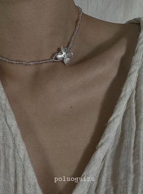 原创小众设计天然灰玛瑙手工s925银兰花项链颈链choker天然颈高级