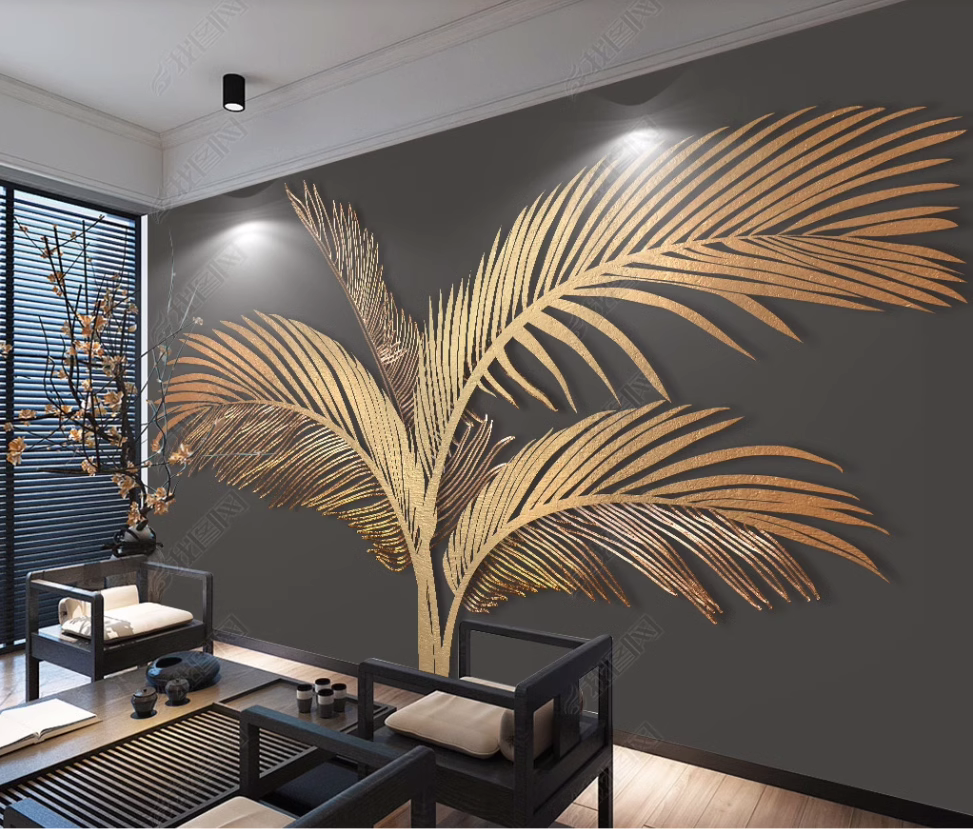 北欧手绘植物墙纸客厅电视背景墙壁纸芭蕉叶墙布现代抽象轻奢壁画-图1