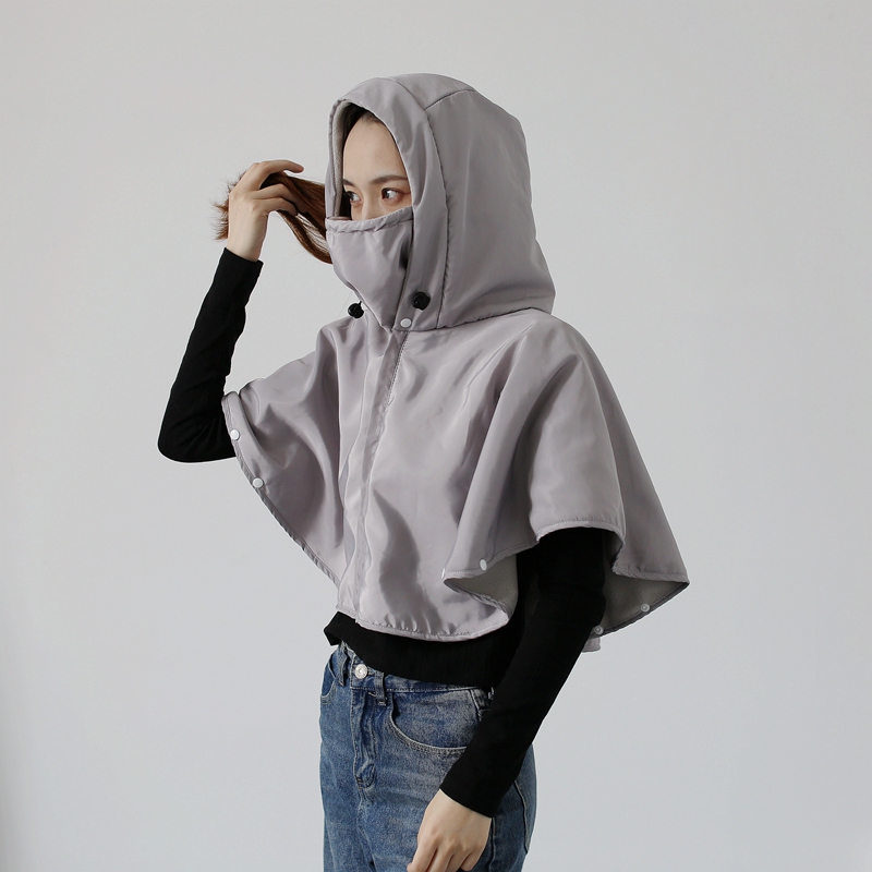 骑电动车保暖防雨水面罩连帽子一体披肩女冬天户外防寒防风短外套 - 图1