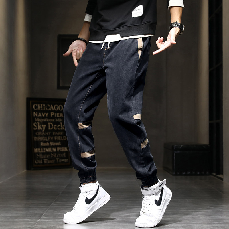 秋季男士潮牌松紧绳束脚拼接哈伦裤 图维奚牛仔裤