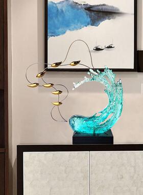 现代家居装饰工艺品透明树脂抽象雕塑样板房玄关客厅游鱼浪花摆件