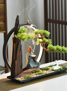 中式彷真迎客松摆件招财客厅玄关办公室禅意小和尚家居工艺礼品摆