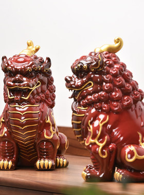 大号貔貅摆件一对红色陶瓷新中式家居客厅装饰办公室桌面招财摆设
