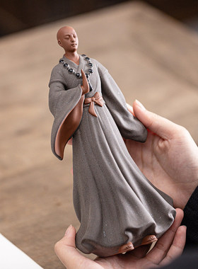 禅意紫砂小和尚摆件大号中式客厅办公室玄关茶室博古架装饰品摆设