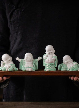 陶瓷招财开 心弥勒佛小摆件办公室桌面博古架笑佛像装饰品茶桌摆