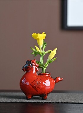 创意唐马小花瓶家居办公桌面插花装饰品禅意陶瓷小马水培花器摆件