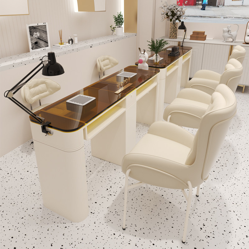中闽芸尚奶油风美甲桌椅套装铁艺玻璃美甲台自带吸尘器插座修甲桌,淘宝优惠券,粉丝福利购,淘宝优惠卷