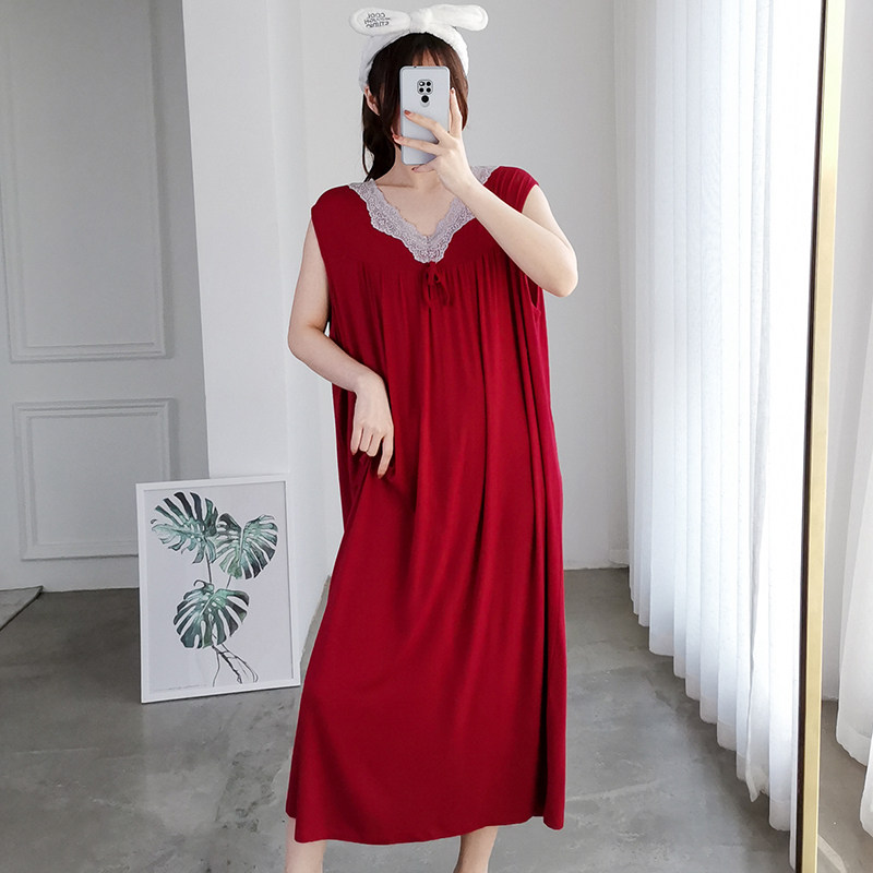 大码睡裙女200斤夏季宽松薄款莫代尔无袖蕾丝红色睡衣家居服胖mm,淘宝优惠券,粉丝福利购,淘宝优惠卷