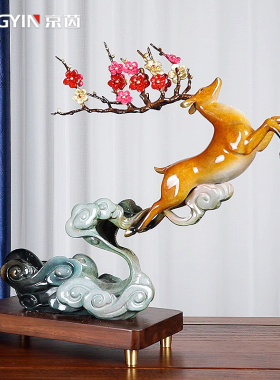 京茵新中式彩铜生财有鹿家居摆件