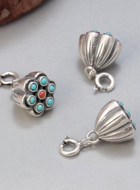 S925纯银水墨黑莲蓬吊坠 复古弹簧扣银饰小件挂件坠子DIY手工材料