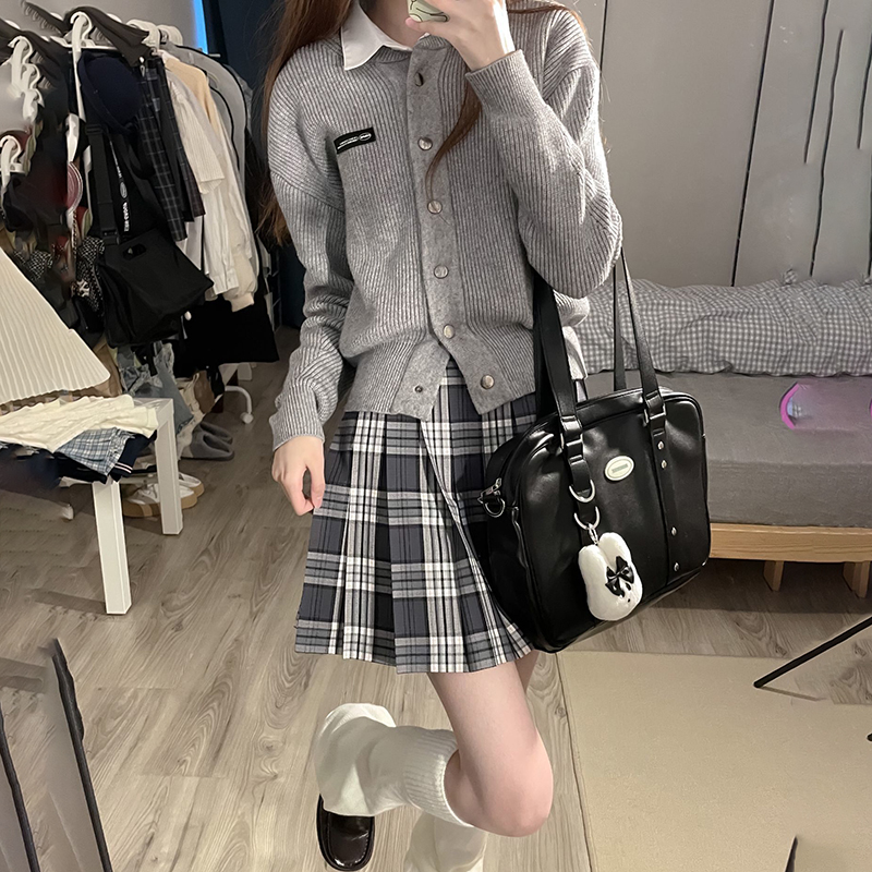 藏冬/原创校供感灰色JK制服春秋套装格裙百褶裙a字裙半身裙学院风