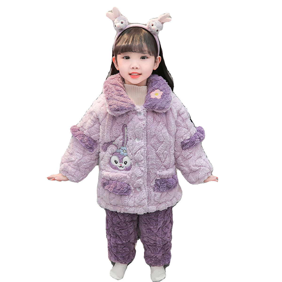 儿童加绒加厚三层夹棉珊瑚绒冬款睡衣女童女孩保暖家居服棉衣套装 - 图3