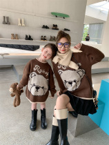 Mother and daughter Mother-daughter Dress Cartoon Set Head Sweater Autumn Winter New Kini Dress Foreign Air Round Collar Thickened Winter Clothing Needle Weaselwear