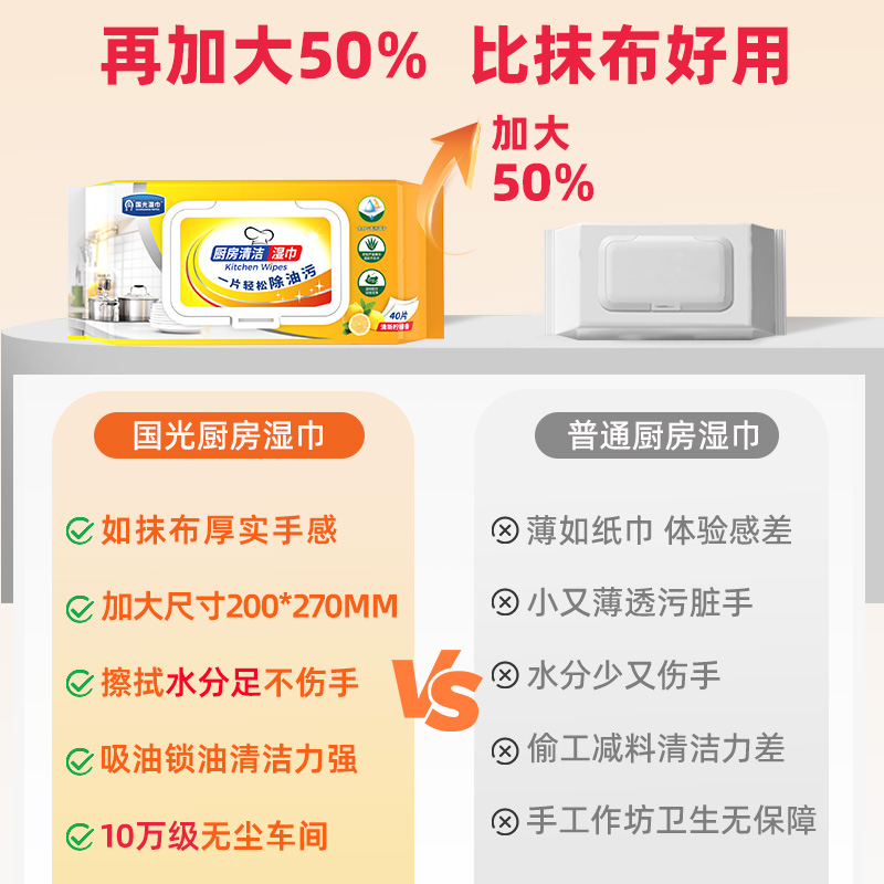 国光厨房湿巾纸去油去污家用油烟机清洁强力去油污湿纸巾加厚加大