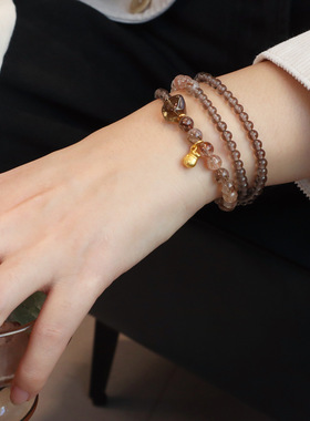 天然彩发晶双圈手链女茶晶钱袋招财好运高级感手串男串珠批发