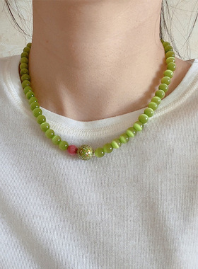 绿墙粉黛原创橄榄绿猫眼石大漆珠子项链女新中式小众显白串珠颈链