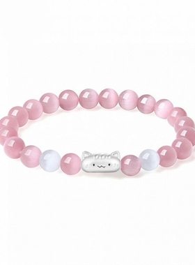 999足银法棍猫手链情侣款天然银曜石黑曜石手串甜美猫眼石情人节