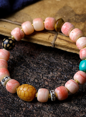 原创藏饰血丝骨头手链 文玩龟背骨头波点天珠民族风手串