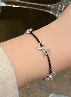 甜酷少女黑色米珠蝴蝶结手链女