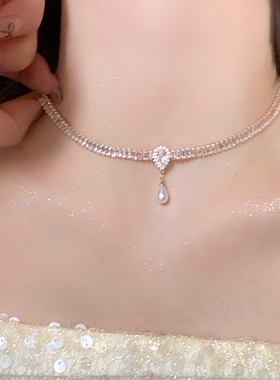 赫本风法式晶钻珍珠坠链颈链女