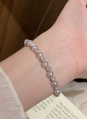 粉玫瑰仿珍珠间珠闪钻圆球手链女