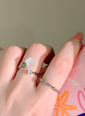 铜镀银戒指女银白山茶花开口戒指