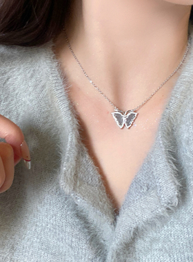 清冷水蓝色大蝴蝶项链女梦幻甜美