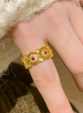 玫瑰花窗红钻宫廷开口戒指女复古