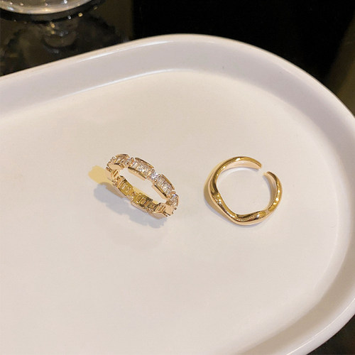 金色锆石戒指女小众设计轻奢几何素圈戒指女时尚个性食指指环开口 - 图0