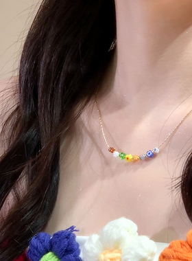 Y2K甜辣风彩色花朵串珠项链女