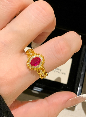 红刚玉鸽子蛋太阳蕾丝戒指女复古