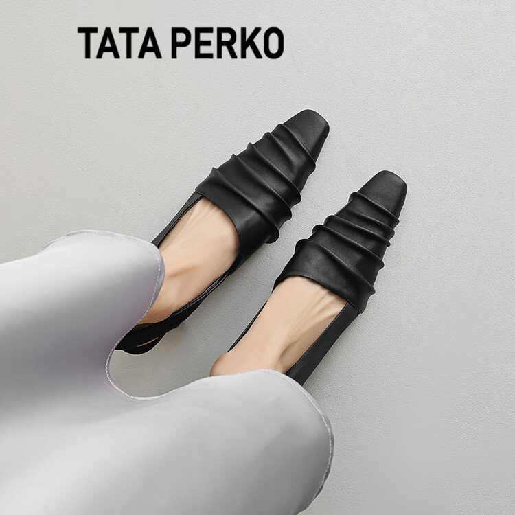 TATA PERKO联名女鞋小众设计感褶皱高跟单鞋法式气质真皮包头凉鞋-图3