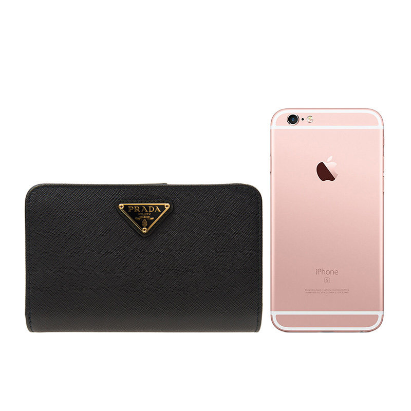 prada中性黑色长款牛皮logo饰钱包 联采海外女士包袋