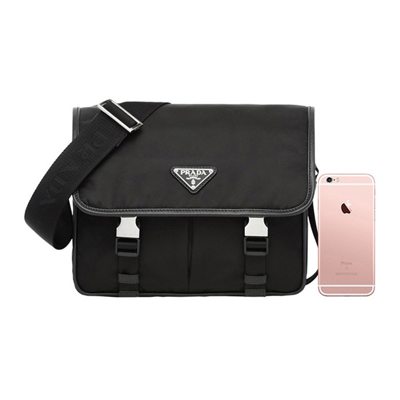 prada男士黑色尼龙牛皮logo斜挎包 联采海外男士包袋