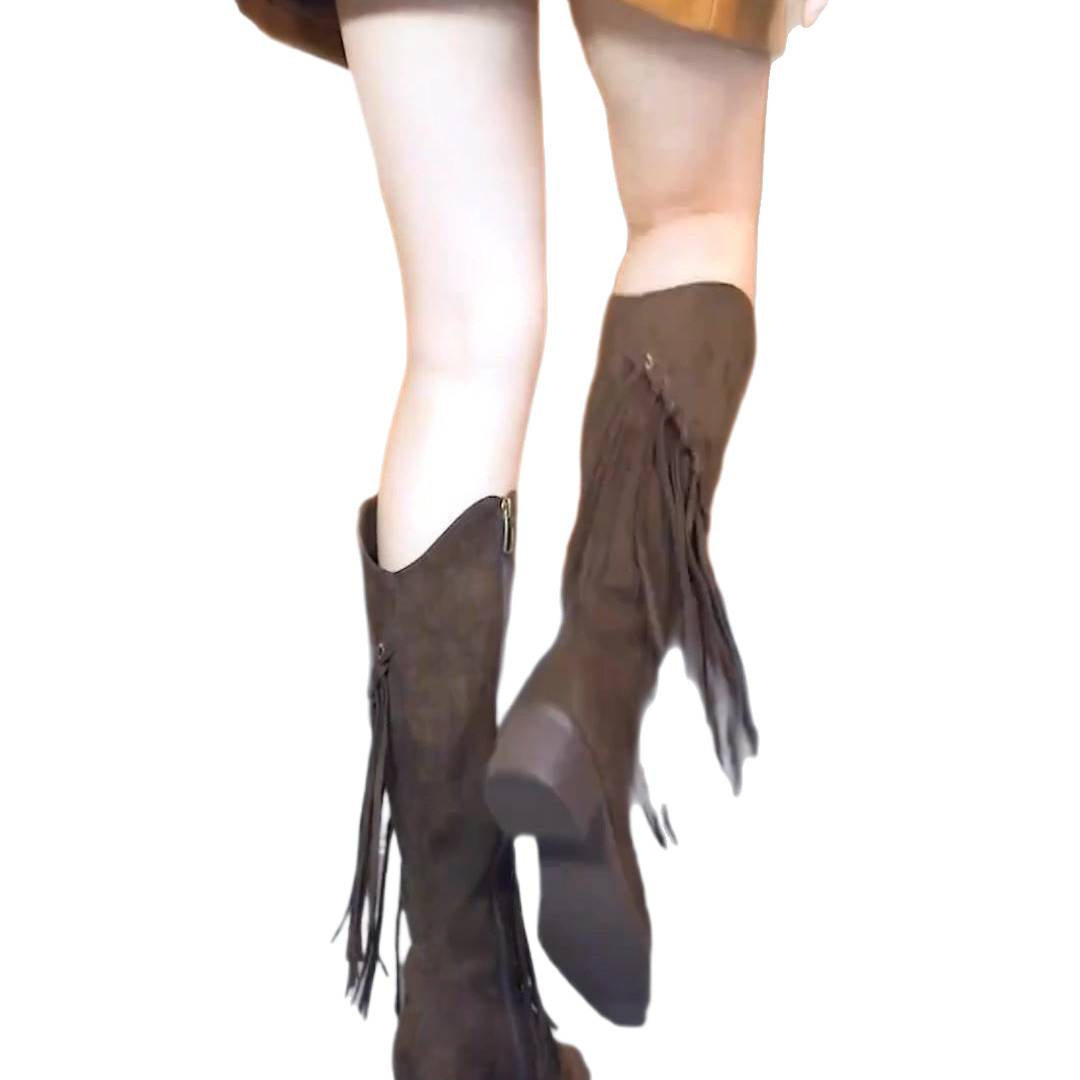 2026欧美绒面复古流苏尖头中跟v口长筒靴女粗跟侧拉链骑士靴,淘宝优惠券,粉丝福利购,淘宝优惠卷