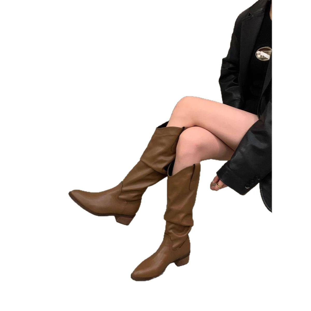 2026粗跟复古棕色V口堆堆中筒长靴女鞋秋季尖头西部牛仔长筒靴子,淘宝优惠券,粉丝福利购,淘宝优惠卷