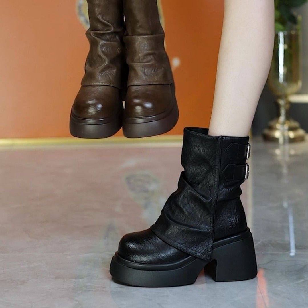 2026秋冬季新款时尚松糕厚底马丁靴百搭显瘦皮带扣堆堆裤管靴女靴,淘宝优惠券,粉丝福利购,淘宝优惠卷