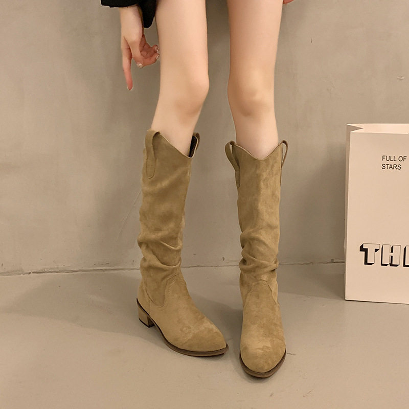 2026粗跟棕色美拉德堆堆长筒骑士靴女鞋新款夏V口瘦瘦中筒长靴子,淘宝优惠券,粉丝福利购,淘宝优惠卷